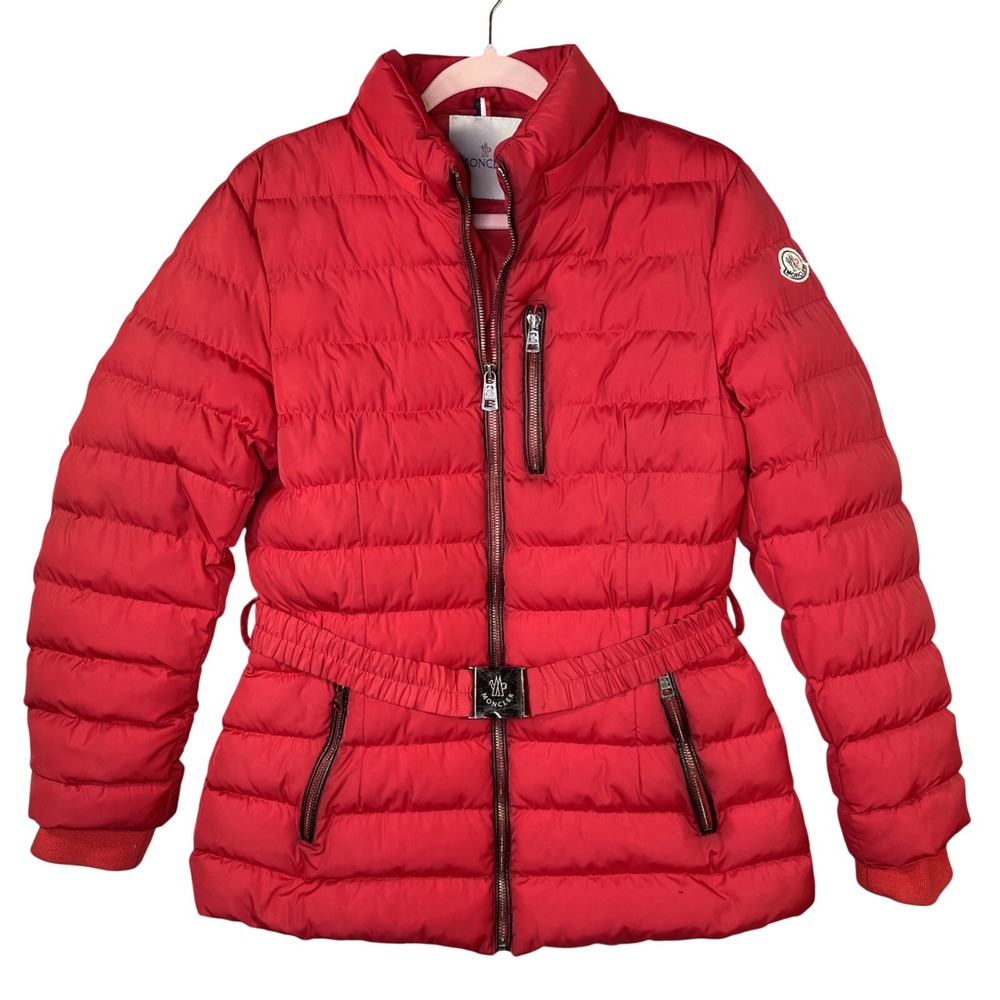 Moncler Womens Red Belted Puffer Jacket Quilted Zip Up Coat Logo Patch